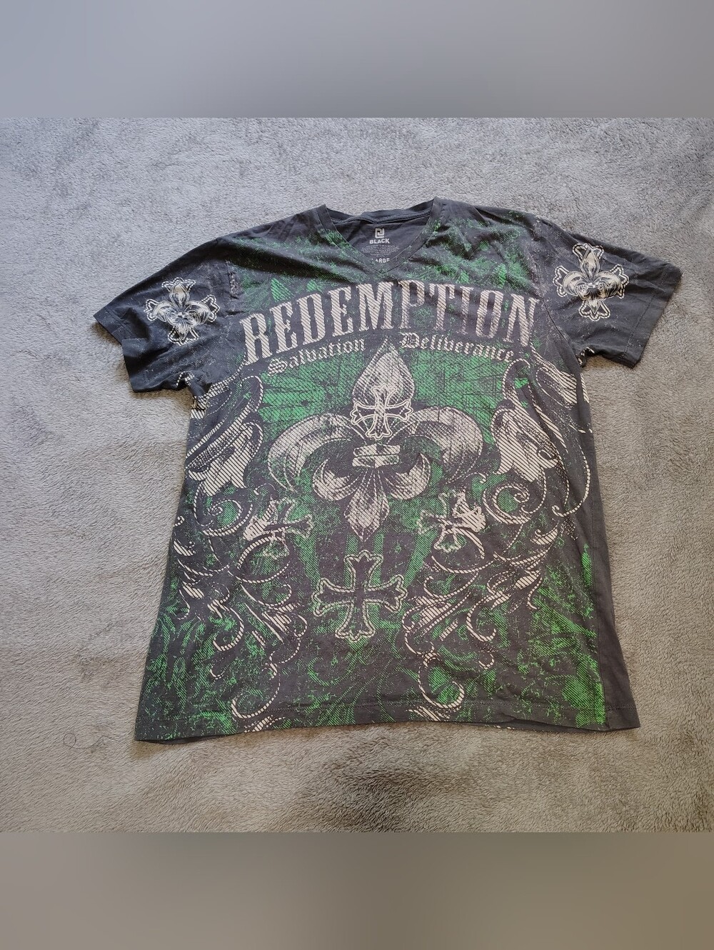 Y2K Goth Skater Affliction Style Dark Gray T-shirt Large Fleur-de-lis Punk Cross